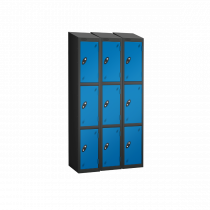 Nest of 3 Metal Storage Lockers | 3 Doors | 1780 x 305 x 305mm | Black Carcass | Blue Door | Cam Lock | Sloping Top | Probe