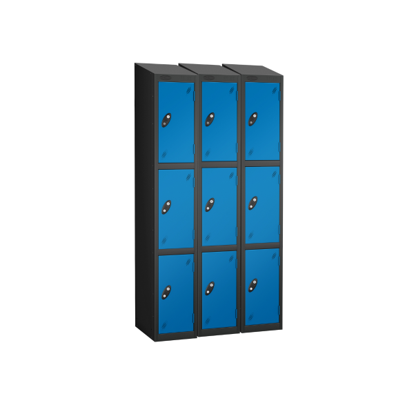 Nest of 3 Metal Storage Lockers | 3 Doors | 1780 x 305 x 305mm | Black Carcass | Blue Door | Cam Lock | Sloping Top | Probe