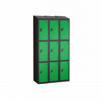 Nest of 3 Metal Storage Lockers | 3 Doors | 1780 x 305 x 305mm | Black Carcass | Green Door | Cam Lock | Sloping Top | Probe