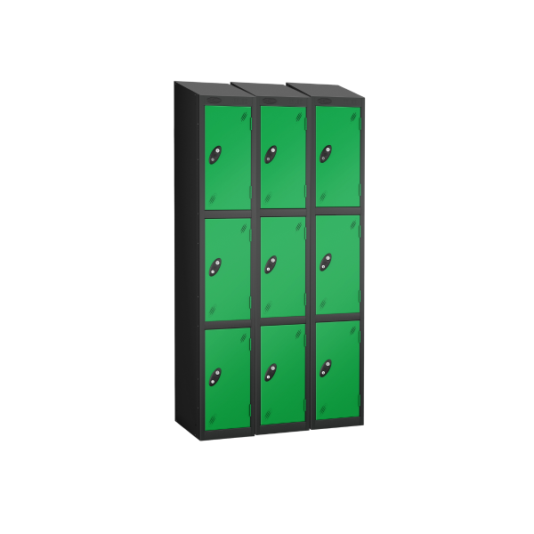 Nest of 3 Metal Storage Lockers | 3 Doors | 1780 x 305 x 305mm | Black Carcass | Green Door | Cam Lock | Sloping Top | Probe