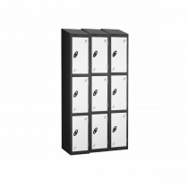 Nest of 3 Metal Storage Lockers | 3 Doors | 1780 x 305 x 305mm | Black Carcass | White Door | Cam Lock | Sloping Top | Probe