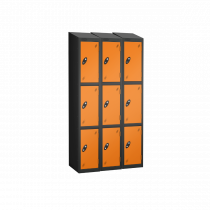 Nest of 3 Metal Storage Lockers | 3 Doors | 1780 x 305 x 305mm | Black Carcass | Orange Door | Cam Lock | Sloping Top | Probe