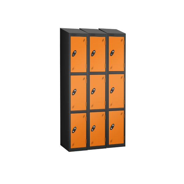 Nest of 3 Metal Storage Lockers | 3 Doors | 1780 x 305 x 305mm | Black Carcass | Orange Door | Cam Lock | Sloping Top | Probe