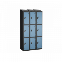 Nest of 3 Metal Storage Lockers | 3 Doors | 1780 x 305 x 305mm | Black Carcass | Ocean Door | Cam Lock | Sloping Top | Probe