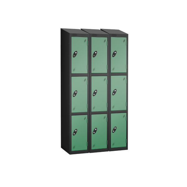 Nest of 3 Metal Storage Lockers | 3 Doors | 1780 x 305 x 305mm | Black Carcass | Jade Door | Cam Lock | Sloping Top | Probe