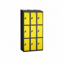 Nest of 3 Metal Storage Lockers | 3 Doors | 1780 x 305 x 305mm | Black Carcass | Lemon Door | Cam Lock | Sloping Top | Probe