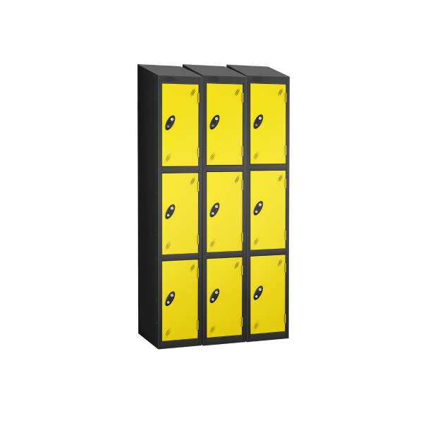 Nest of 3 Metal Storage Lockers | 3 Doors | 1780 x 305 x 305mm | Black Carcass | Lemon Door | Cam Lock | Sloping Top | Probe