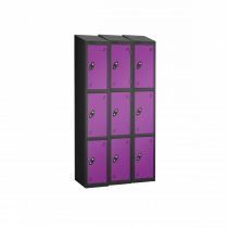 Nest of 3 Metal Storage Lockers | 3 Doors | 1780 x 305 x 305mm | Black Carcass | Lilac Door | Cam Lock | Sloping Top | Probe