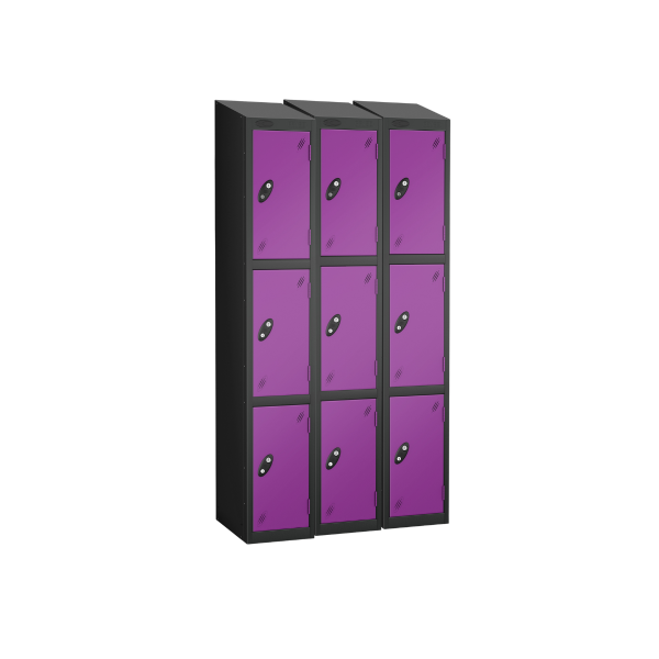 Nest of 3 Metal Storage Lockers | 3 Doors | 1780 x 305 x 305mm | Black Carcass | Lilac Door | Cam Lock | Sloping Top | Probe