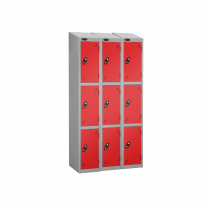 Nest of 3 Metal Storage Lockers | 3 Doors | 1780 x 305 x 305mm | Silver Carcass | Red Door | Cam Lock | Sloping Top | Probe