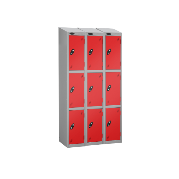 Nest of 3 Metal Storage Lockers | 3 Doors | 1780 x 305 x 305mm | Silver Carcass | Red Door | Cam Lock | Sloping Top | Probe