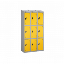 Nest of 3 Metal Storage Lockers | 3 Doors | 1780 x 305 x 305mm | Silver Carcass | Yellow Door | Cam Lock | Sloping Top | Probe