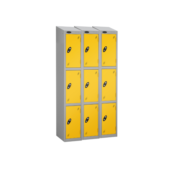 Nest of 3 Metal Storage Lockers | 3 Doors | 1780 x 305 x 305mm | Silver Carcass | Yellow Door | Cam Lock | Sloping Top | Probe