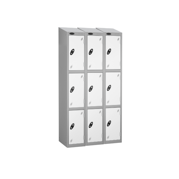 Nest of 3 Metal Storage Lockers | 3 Doors | 1780 x 305 x 305mm | Silver Carcass | White Door | Cam Lock | Sloping Top | Probe