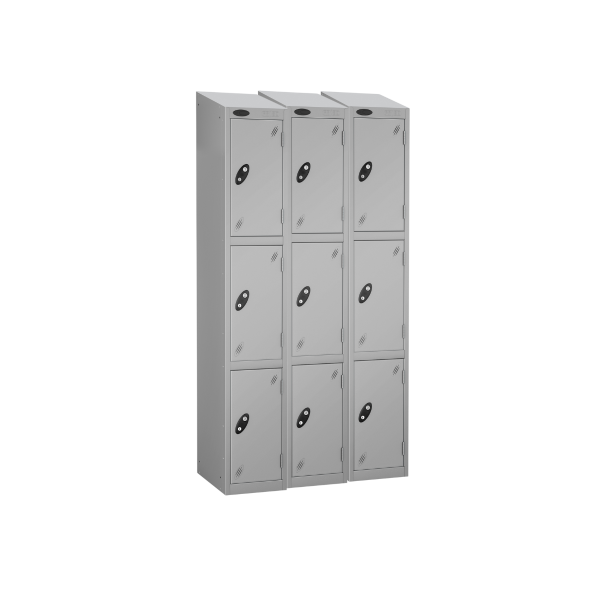 Nest of 3 Metal Storage Lockers | 3 Doors | 1780 x 305 x 305mm | Silver Carcass | Silver Door | Cam Lock | Sloping Top | Probe