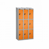 Nest of 3 Metal Storage Lockers | 3 Doors | 1780 x 305 x 305mm | Silver Carcass | Orange Door | Cam Lock | Sloping Top | Probe