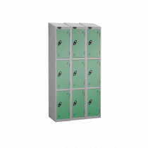 Nest of 3 Metal Storage Lockers | 3 Doors | 1780 x 305 x 305mm | Silver Carcass | Jade Door | Cam Lock | Sloping Top | Probe