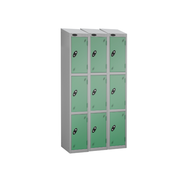 Nest of 3 Metal Storage Lockers | 3 Doors | 1780 x 305 x 305mm | Silver Carcass | Jade Door | Cam Lock | Sloping Top | Probe