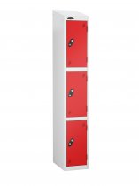 Single Metal Storage Locker | 3 Doors | 1780 x 305 x 380mm | White Carcass | Red Door | Cam Lock | Sloping Top | Probe