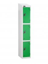 Single Metal Storage Locker | 3 Doors | 1780 x 305 x 380mm | White Carcass | Green Door | Cam Lock | Sloping Top | Probe