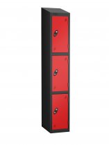 Single Metal Storage Locker | 3 Doors | 1780 x 305 x 380mm | Black Carcass | Red Door | Cam Lock | Sloping Top | Probe