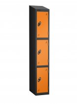 Single Metal Storage Locker | 3 Doors | 1780 x 305 x 380mm | Black Carcass | Orange Door | Cam Lock | Sloping Top | Probe