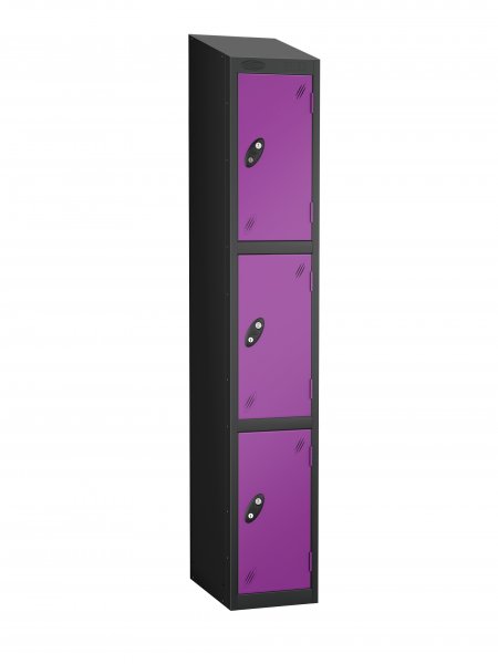 Single Metal Storage Locker | 3 Doors | 1780 x 305 x 380mm | Black Carcass | Lilac Door | Cam Lock | Sloping Top | Probe