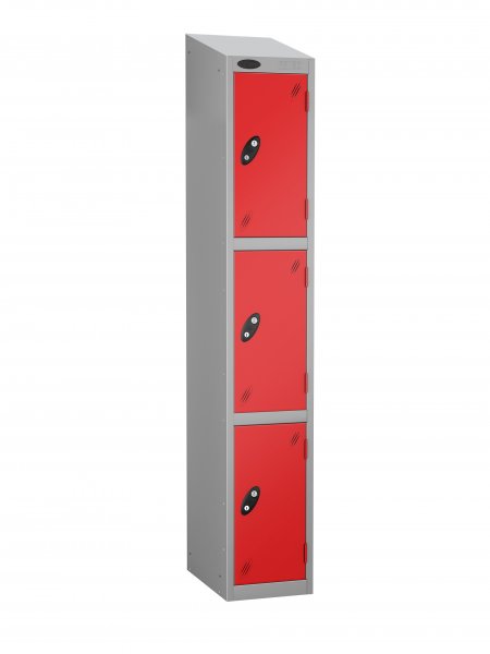 Single Metal Storage Locker | 3 Doors | 1780 x 305 x 380mm | Silver Carcass | Red Door | Cam Lock | Sloping Top | Probe