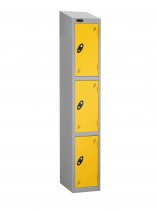 Single Metal Storage Locker | 3 Doors | 1780 x 305 x 380mm | Silver Carcass | Yellow Door | Cam Lock | Sloping Top | Probe