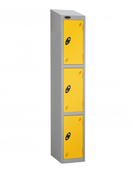 Single Metal Storage Locker | 3 Doors | 1780 x 305 x 380mm | Silver Carcass | Yellow Door | Cam Lock | Sloping Top | Probe