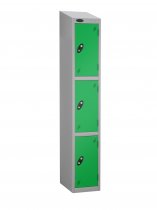 Single Metal Storage Locker | 3 Doors | 1780 x 305 x 380mm | Silver Carcass | Green Door | Cam Lock | Sloping Top | Probe