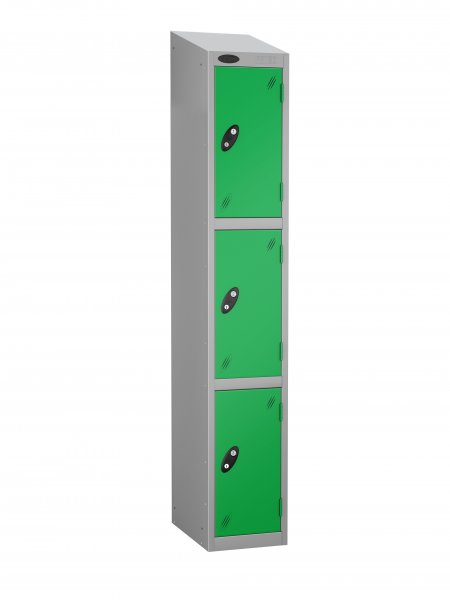 Single Metal Storage Locker | 3 Doors | 1780 x 305 x 380mm | Silver Carcass | Green Door | Cam Lock | Sloping Top | Probe