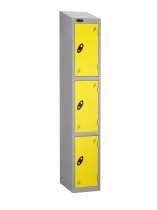 Single Metal Storage Locker | 3 Doors | 1780 x 305 x 380mm | Silver Carcass | Lemon Door | Cam Lock | Sloping Top | Probe