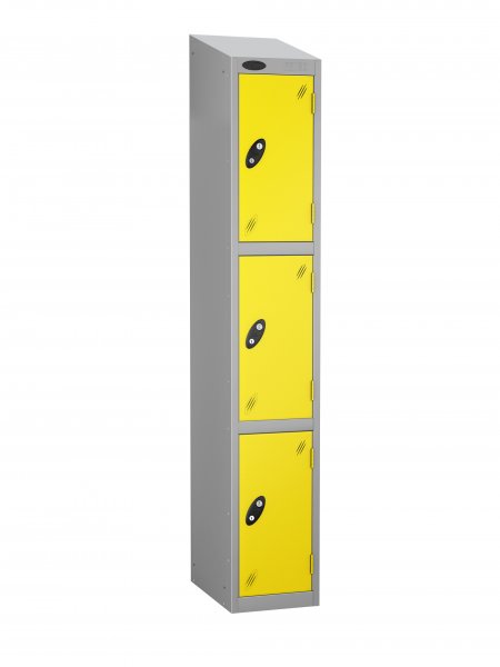 Single Metal Storage Locker | 3 Doors | 1780 x 305 x 380mm | Silver Carcass | Lemon Door | Cam Lock | Sloping Top | Probe