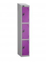 Single Metal Storage Locker | 3 Doors | 1780 x 305 x 380mm | Silver Carcass | Lilac Door | Cam Lock | Sloping Top | Probe