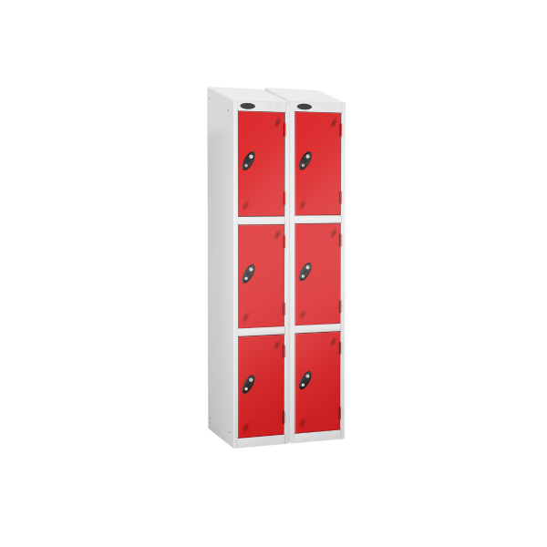 Nest of 2 Metal Storage Lockers | 3 Doors | 1780 x 305 x 380mm | White Carcass | Red Door | Cam Lock | Sloping Top | Probe