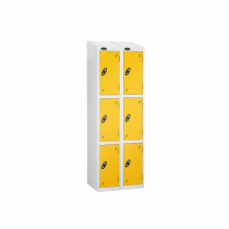 Nest of 2 Metal Storage Lockers | 3 Doors | 1780 x 305 x 380mm | White Carcass | Yellow Door | Cam Lock | Sloping Top | Probe