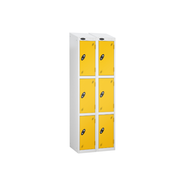 Nest of 2 Metal Storage Lockers | 3 Doors | 1780 x 305 x 380mm | White Carcass | Yellow Door | Cam Lock | Sloping Top | Probe