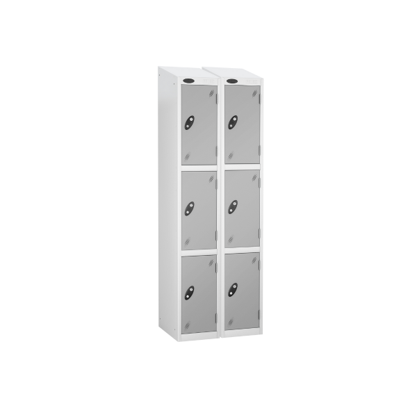 Nest of 2 Metal Storage Lockers | 3 Doors | 1780 x 305 x 380mm | White Carcass | Silver Door | Cam Lock | Sloping Top | Probe