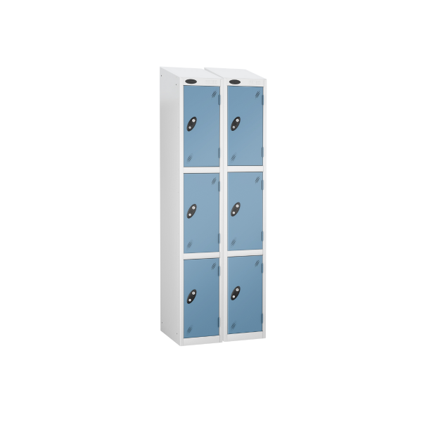 Nest of 2 Metal Storage Lockers | 3 Doors | 1780 x 305 x 380mm | White Carcass | Ocean Door | Cam Lock | Sloping Top | Probe