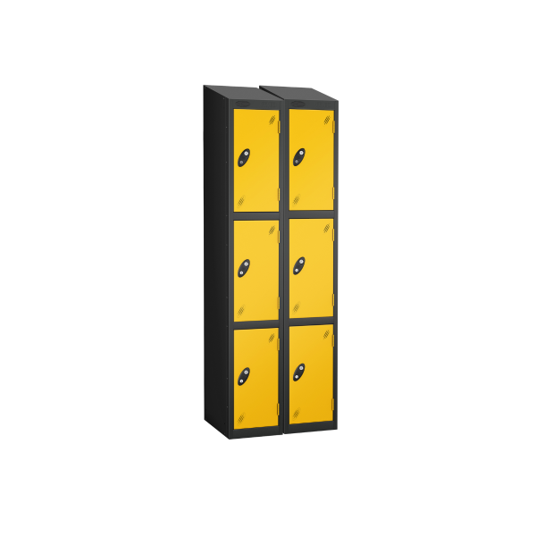 Nest of 2 Metal Storage Lockers | 3 Doors | 1780 x 305 x 380mm | Black Carcass | Yellow Door | Cam Lock | Sloping Top | Probe