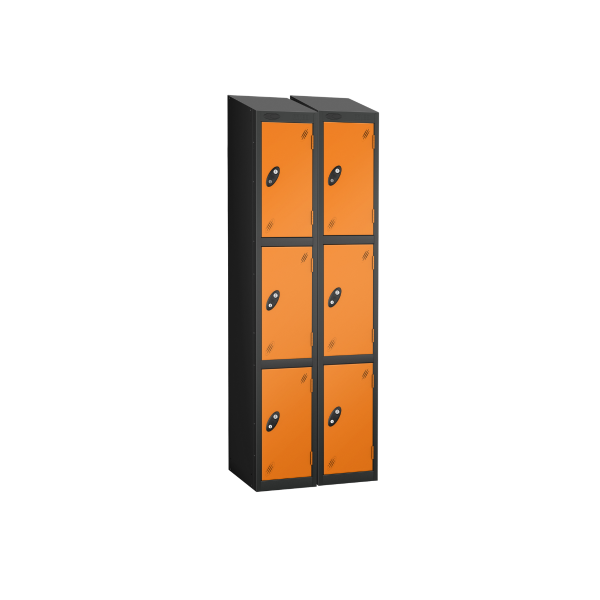 Nest of 2 Metal Storage Lockers | 3 Doors | 1780 x 305 x 380mm | Black Carcass | Orange Door | Cam Lock | Sloping Top | Probe