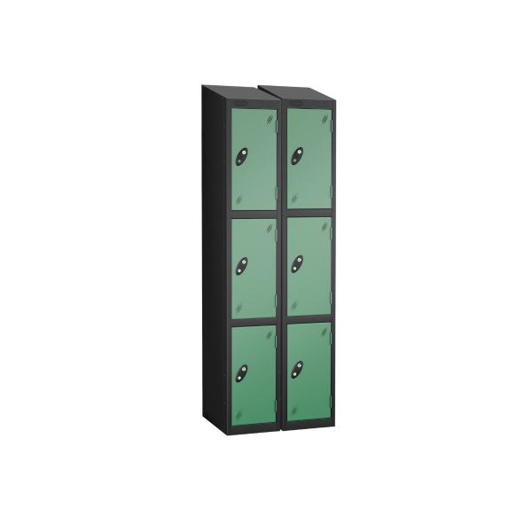 Nest of 2 Metal Storage Lockers | 3 Doors | 1780 x 305 x 380mm | Black Carcass | Jade Door | Cam Lock | Sloping Top | Probe