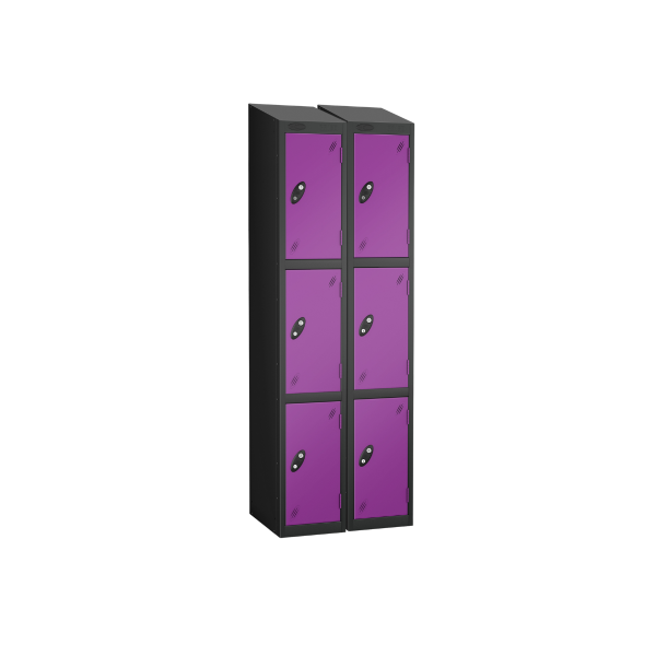 Nest of 2 Metal Storage Lockers | 3 Doors | 1780 x 305 x 380mm | Black Carcass | Lilac Door | Cam Lock | Sloping Top | Probe