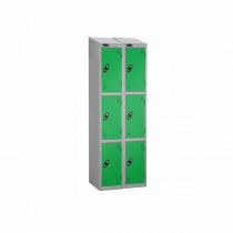 Nest of 2 Metal Storage Lockers | 3 Doors | 1780 x 305 x 380mm | Silver Carcass | Green Door | Cam Lock | Sloping Top | Probe