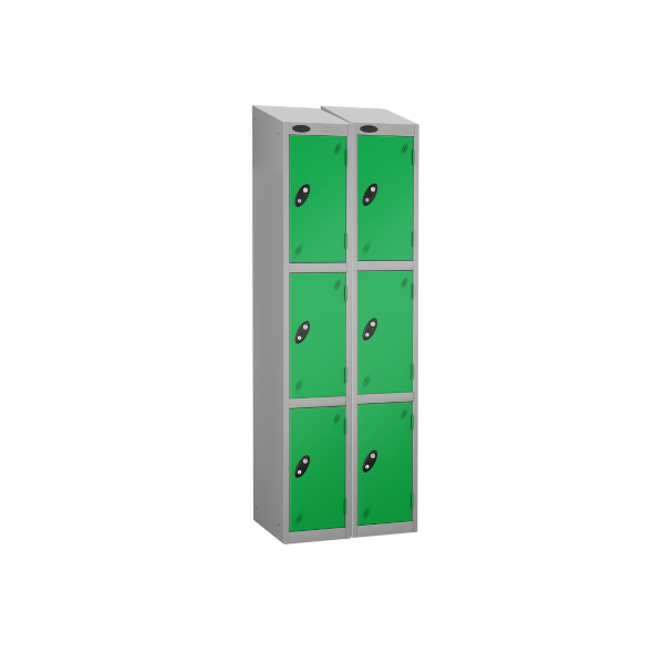 Nest of 2 Metal Storage Lockers | 3 Doors | 1780 x 305 x 380mm | Silver Carcass | Green Door | Cam Lock | Sloping Top | Probe