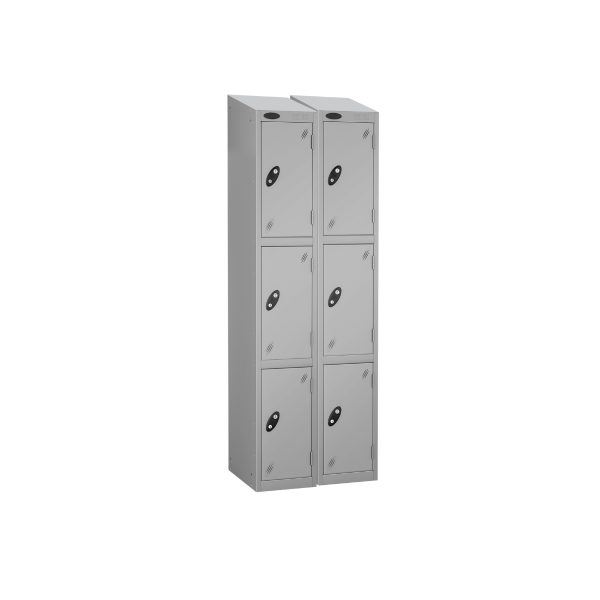 Nest of 2 Metal Storage Lockers | 3 Doors | 1780 x 305 x 380mm | Silver Carcass | Silver Door | Cam Lock | Sloping Top | Probe