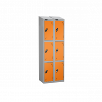 Nest of 2 Metal Storage Lockers | 3 Doors | 1780 x 305 x 380mm | Silver Carcass | Orange Door | Cam Lock | Sloping Top | Probe