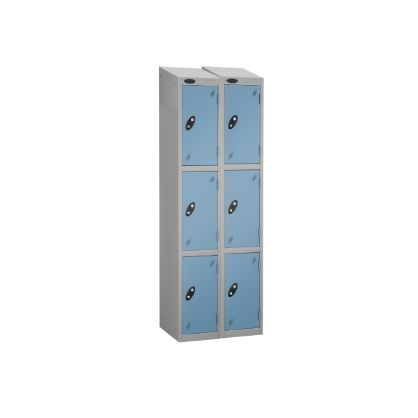 Nest of 2 Metal Storage Lockers | 3 Doors | 1780 x 305 x 380mm | Silver Carcass | Ocean Door | Cam Lock | Sloping Top | Probe