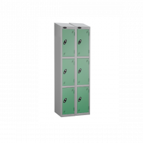 Nest of 2 Metal Storage Lockers | 3 Doors | 1780 x 305 x 380mm | Silver Carcass | Jade Door | Cam Lock | Sloping Top | Probe